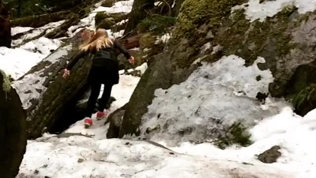 Pink shoes snow forest run slip