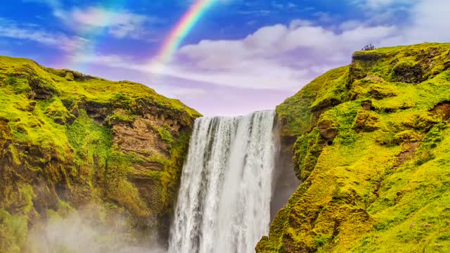 Waterfall Rainbow Cliff Scenery Nature Travel