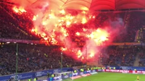 German soccer fans light up massive section of seats with flares