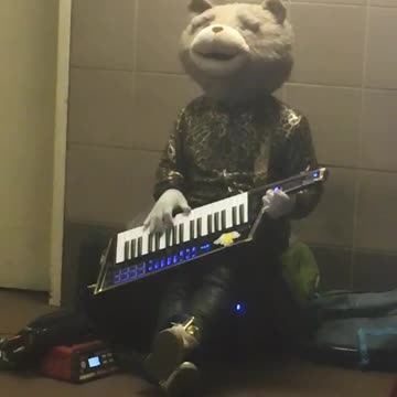 Person in sad grey teddy bear mascot suit plays piano on the floor