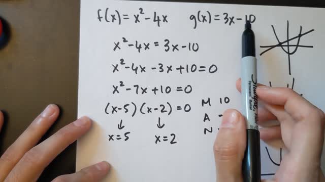 Grade 11 Math - Finding the pt. of intersection between a linear and quadratic function (lesson 3.8)