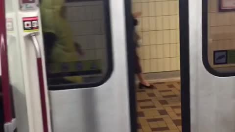 Subway door closes banana guy walks by