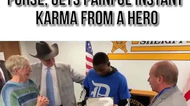Thug steals old lady's purse, gets painful instant karma from a hero
