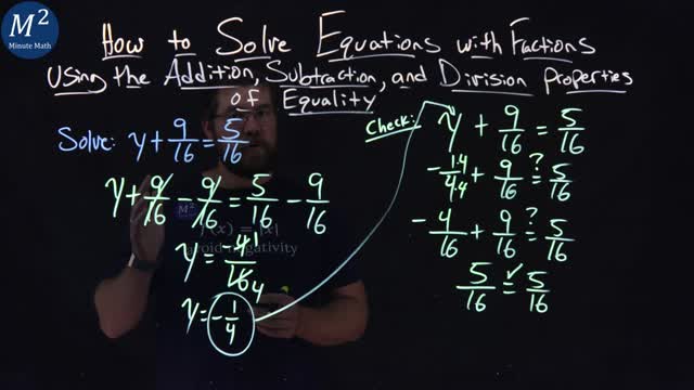 How to Solve Equations with Fractions Using the Subtraction Property of Equality | y+9/16=5/16