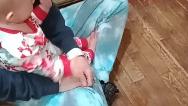 Baby laughing at puppy! Giggles at Grandparents