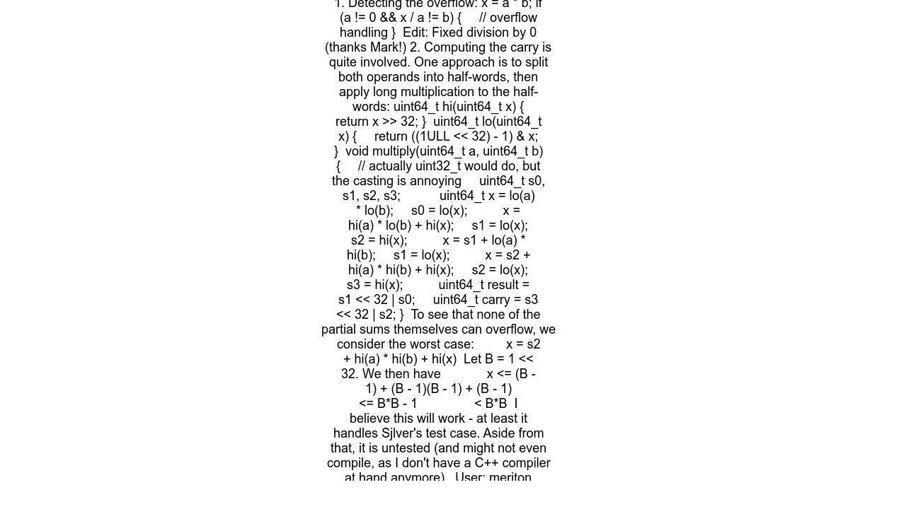 Catch and compute overflow during multiplication of two large integers