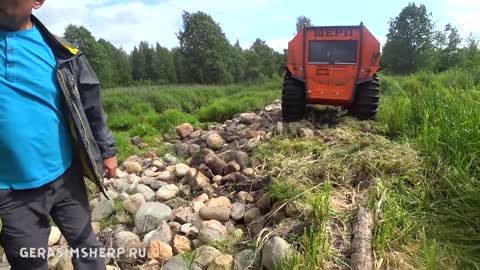 The impenetrable swamp of Vyshny Volochok. Traveling on all-terrain vehicles Sherp.