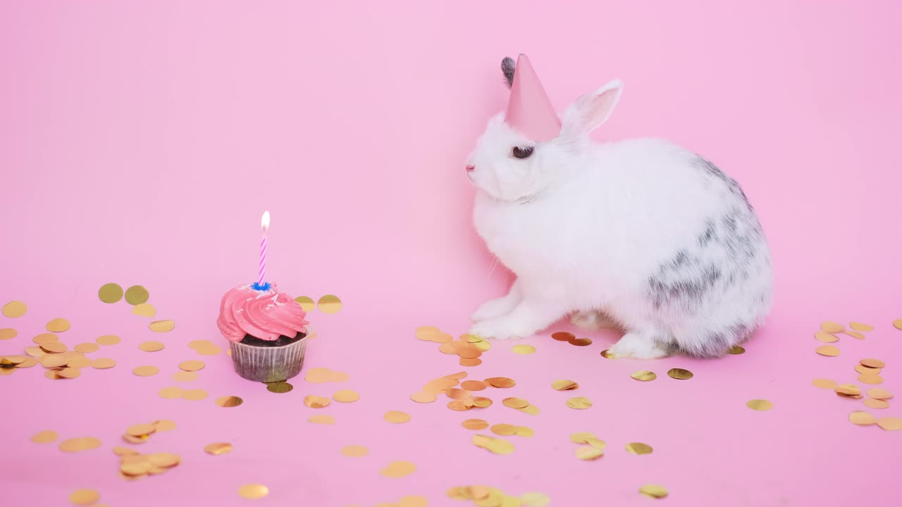 Cute Bunny Wearing a Party Hat Next to a Cupcake