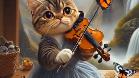 Adorable Cat Plays Violin in a Mountain Valley Surrounded by Butterflies!