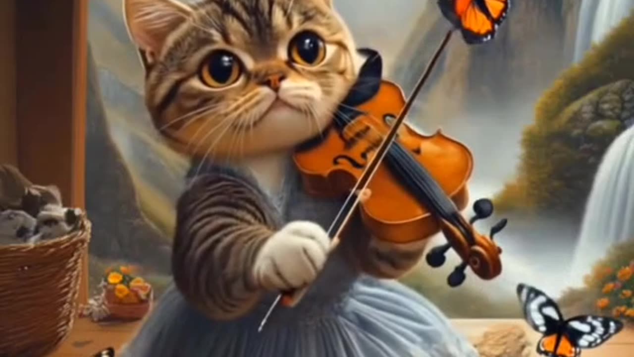 Adorable Cat Plays Violin in a Mountain Valley Surrounded by Butterflies!