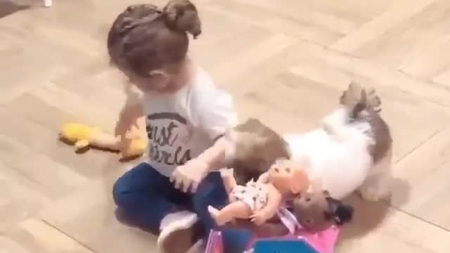 Cute girl baby with baby dog