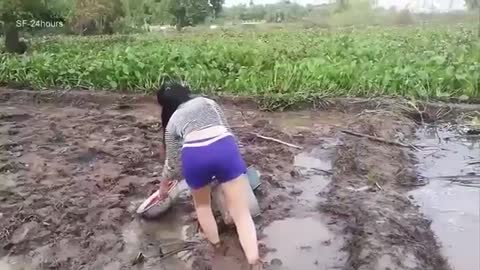 Watch how a sexy lady catch fish. Primitive fishing by a pretty lady.