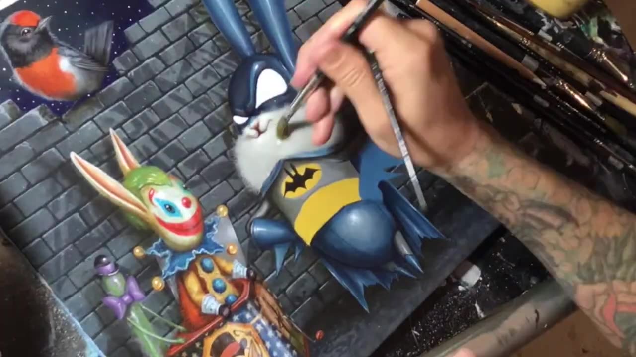 Joker and Batman have a chance encounter in my painting "Super Frenemies" !