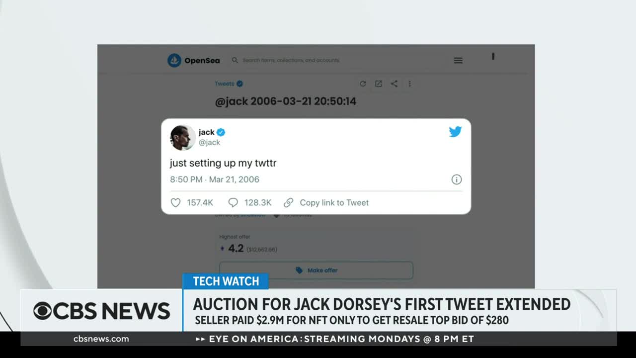 Auction for NFT of Jack Dorsey's first tweet extended after top bid of $280