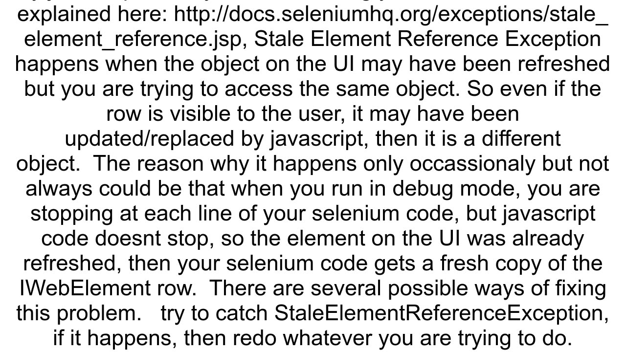 Selenium stale element exception found when running tests and not while debugging