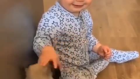 Cute Baby and the Pug Puppy Playing