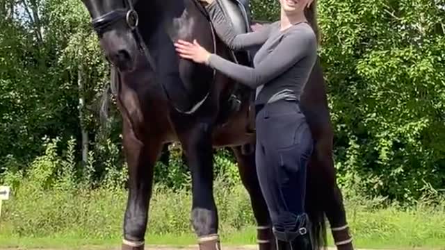 Woman is teaching her Friesian Stallion to dance with her!