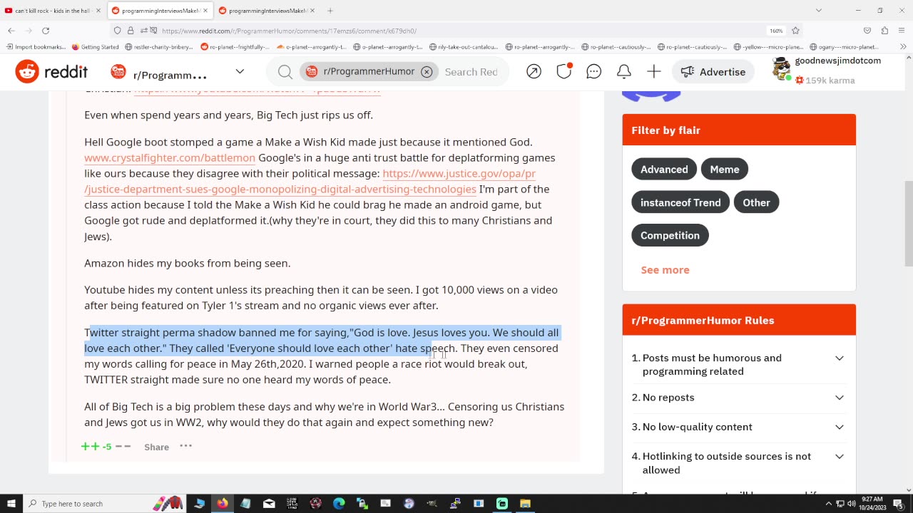 Censored on Reddit for calling out Big Techs hatred and discrimination of Christians and Jews