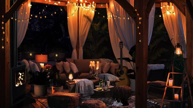 Chill Boho summer night pavilion fireplace ambience | Romantic gazebo porch lights 🌙