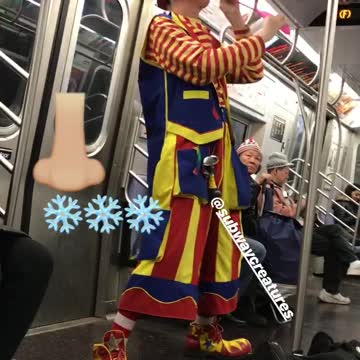 Clown on subway train blows up a balloon animal using his nose