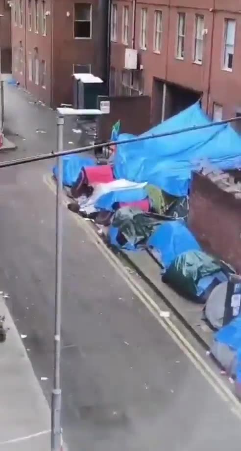 A woman living beside the open-air migrant camp in Dublin reacts to portable