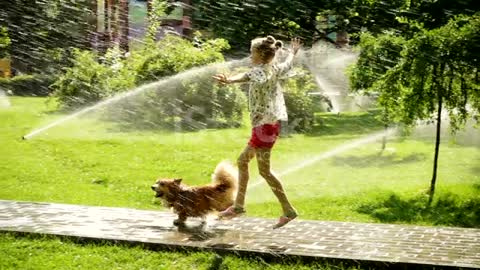 The child playing with dog