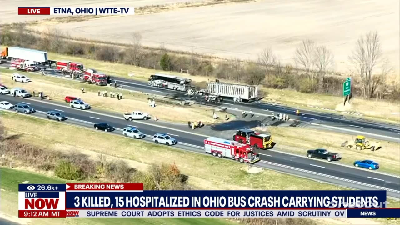 Three people are killed when a semi-truck collides with a charter bus in Ohio