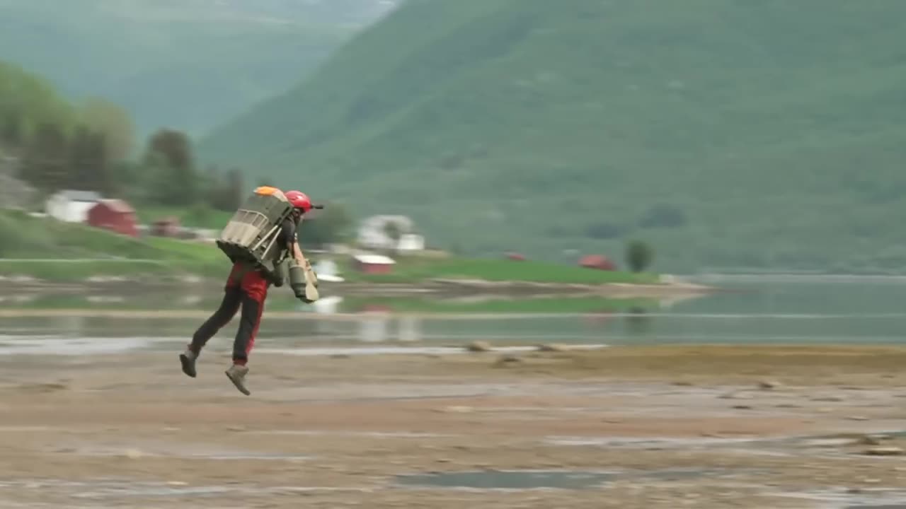 British inventor Richard Browning tests jet suit in Norwegian mountains