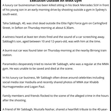 Sydney Luxury Car Dealer Taha Sabbagh Shot Dead In Drive-by Execution Outside An MMA Gym
