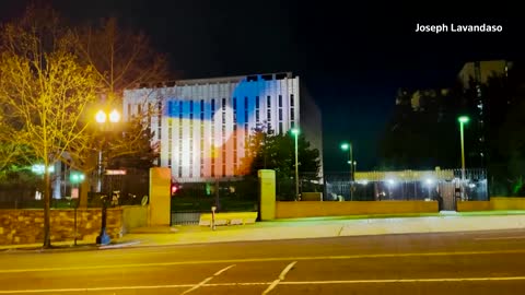 Ukrainian flag projected onto Russian Embassy in Washington D.C.