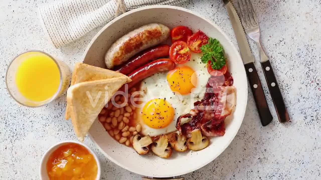 Traditional Full English Breakfast on frying pan