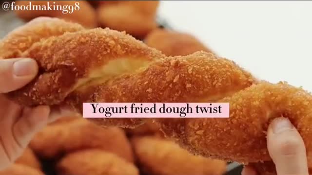 Appetizing and delicious yogurt,big fried dough twist is coming ,and friends like it
