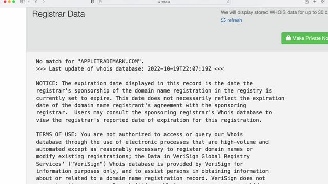 appletrademark.com WHOIS Oct 19, 2022