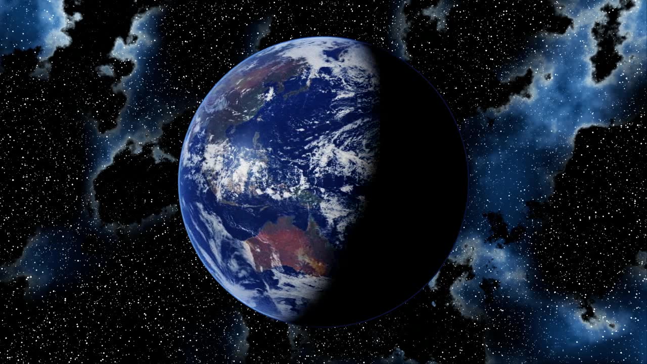 Planet earth turns in cloudy, starry heavens (loop)