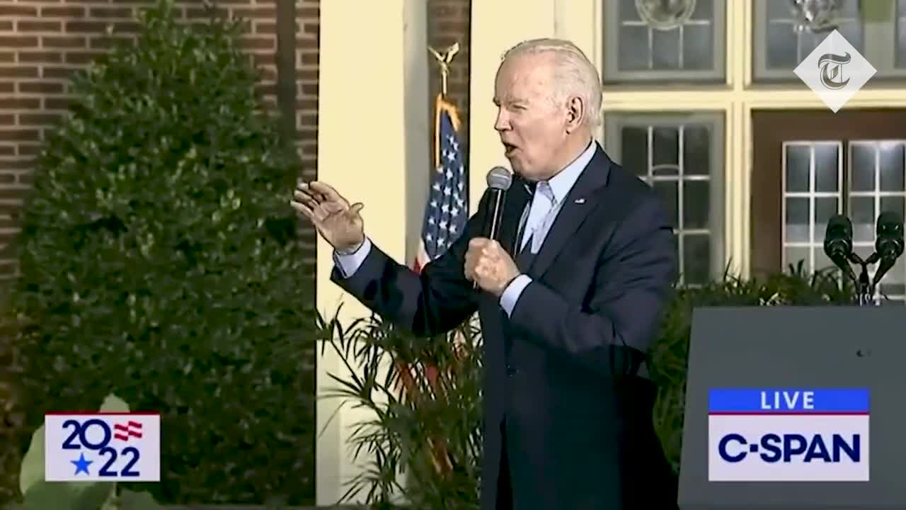 Moment Joe Biden trips on stage during a speech in New York