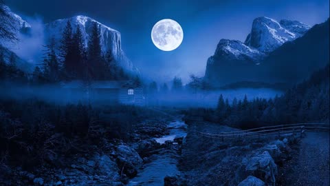 Relaxing guitar music with a blue moon landscape to relax and unwind