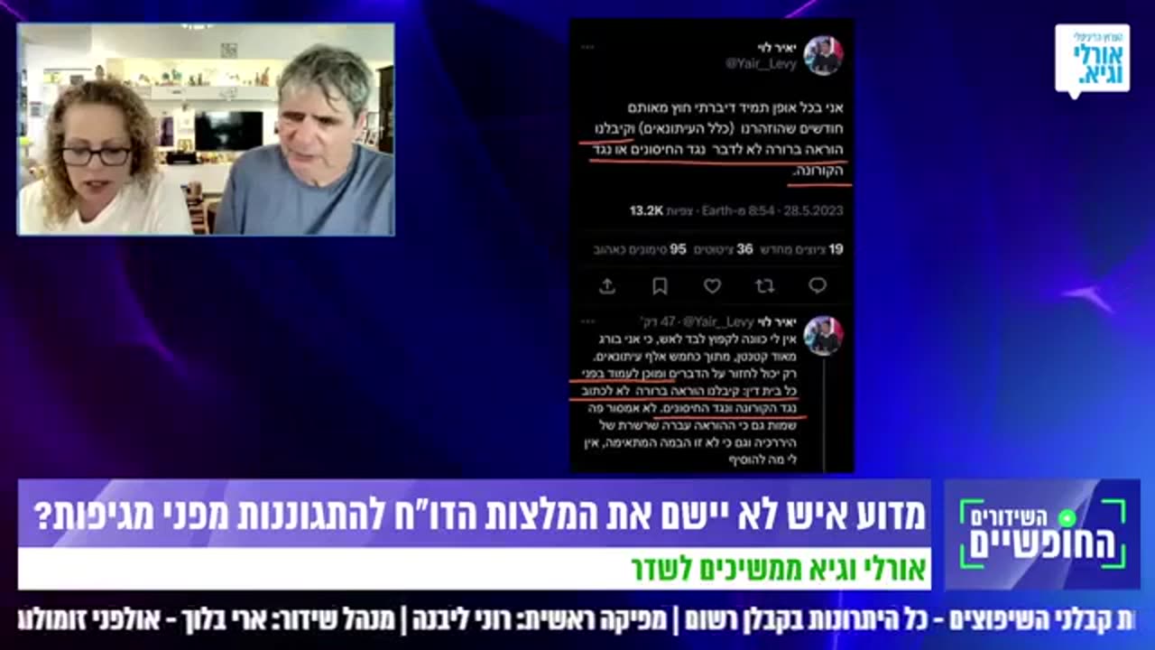אורלי וגיא בראיון עם העיתונאי יאיר לוי על הצנזורה ההשתקה והוראה לא לדבר נגד קורנה וחיסונים בתקשורת כי שילמו להם כספים
