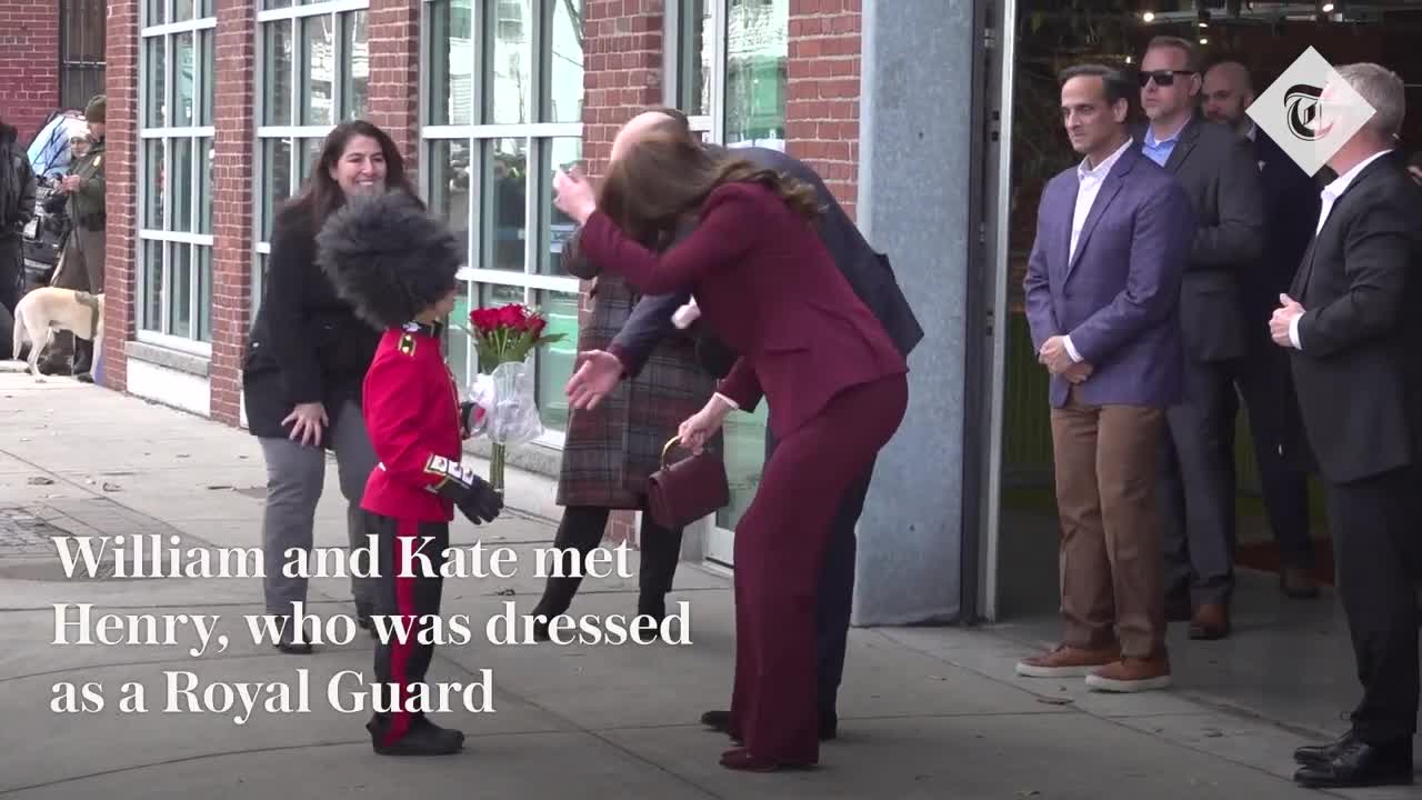 Prince and Princess of Wales meet young fan dressed as Royal Guard in Boston