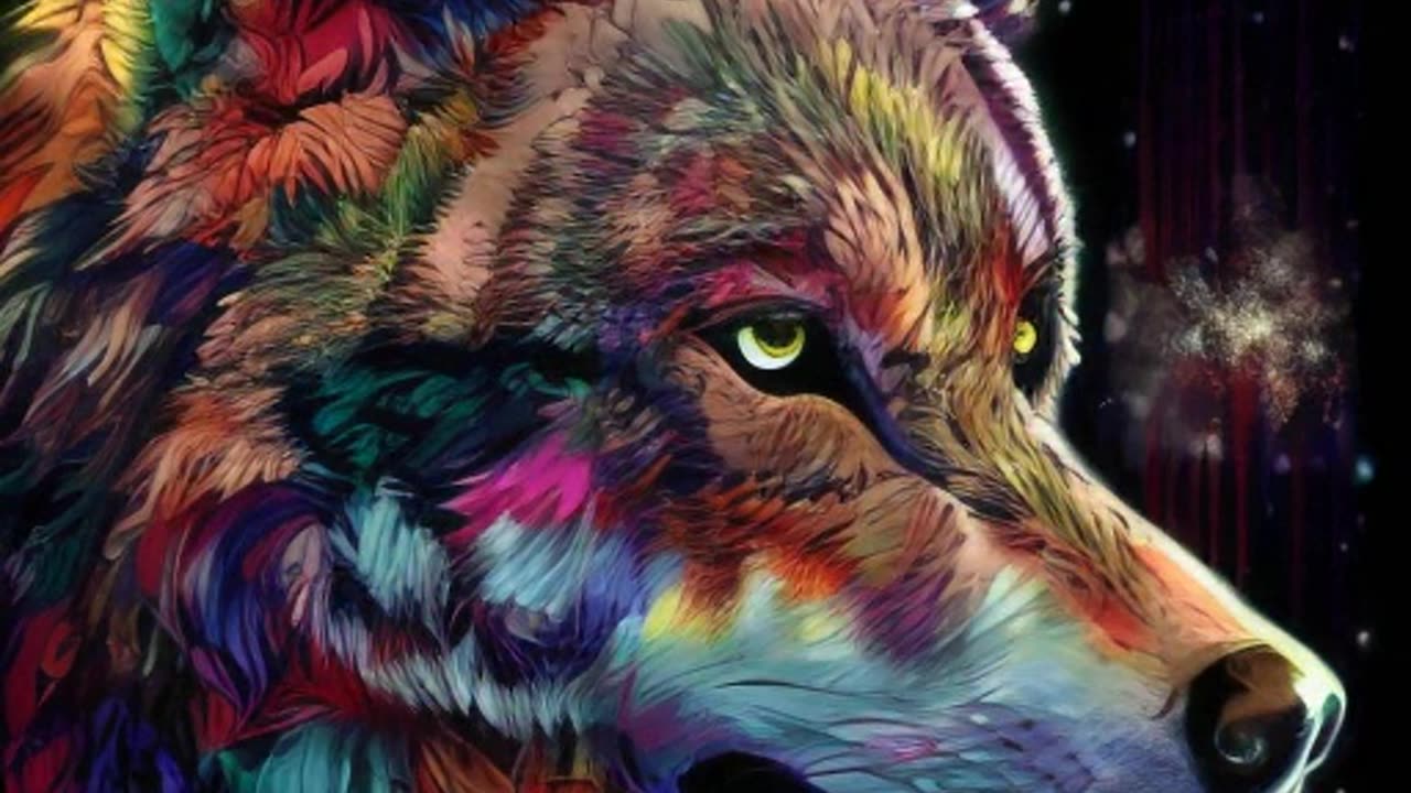 a painting of a wolf with a colorful background. carnivore, nature, organism, dog, painting, art, wolf, fang, snout, illustration