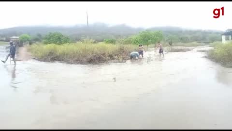 Rio transborda em Arneiroz, no Ceará, e moradores tentam conter os danos