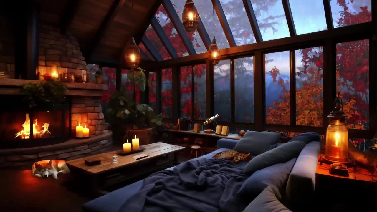 Colorful Autumn with Thunderstorm, Lightnings, Rain & Crackling Fire Sound - Relax, Sleep, Study