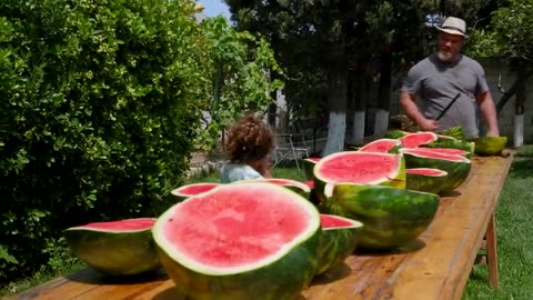 Sweet Summer ! Huge Ice Cream Made Of Orange , Watermelon And Condensed Milk With Cocoa