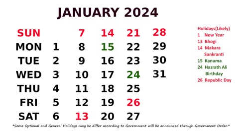 January Calendar 2024