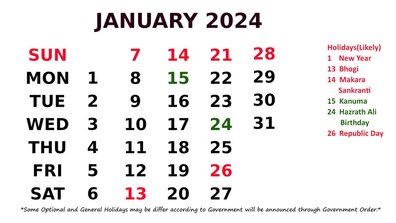 January Calendar 2024