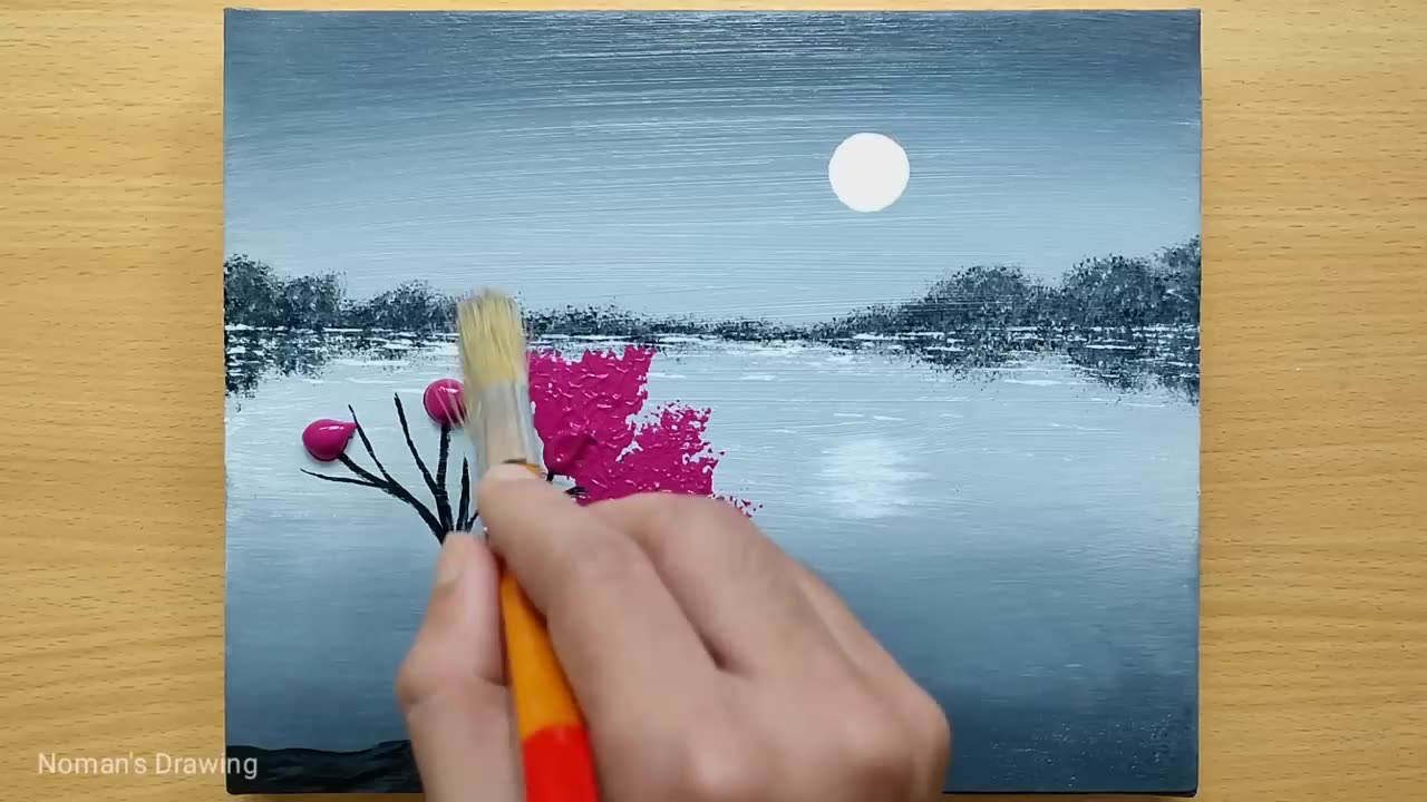 Black & White Landscape Painting for Beginners / Cherry Blossom / Acrylic Painting Technique