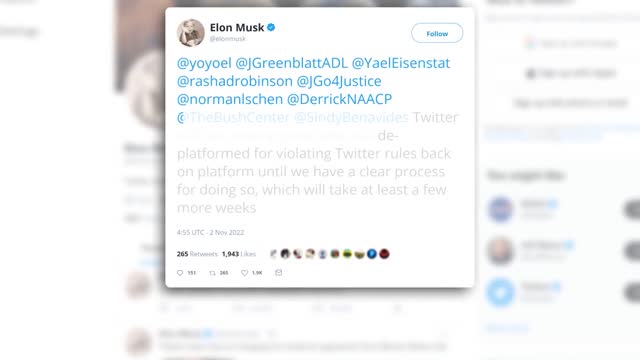 Elon Musk says suspended accounts won't return to Twitter right away