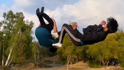 Unleashing insane duo stunt performance A gravity defying spectacle 💪.