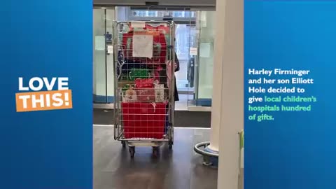 Son with his mother distribute gift to hospital children