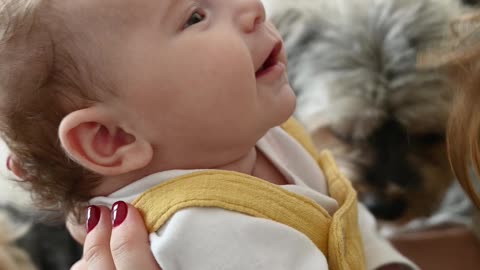 A cute baby playing with his mother