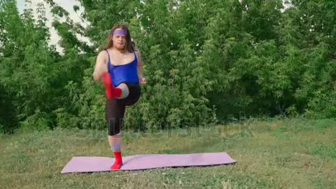 Funny Fat Man with Long Hair in a Tight Female T-shirt Is Engaged in Martial Arts